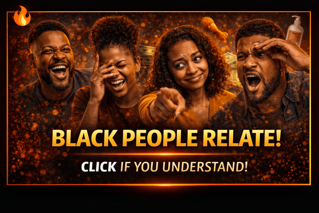 A group of four Black individuals expressing various emotions, including laughter, surprise, and disbelief, with the text 'BLACK PEOPLE RELATE!' prominently displayed. The background features vibrant colors and imagery suggesting a relatable and humorous theme.