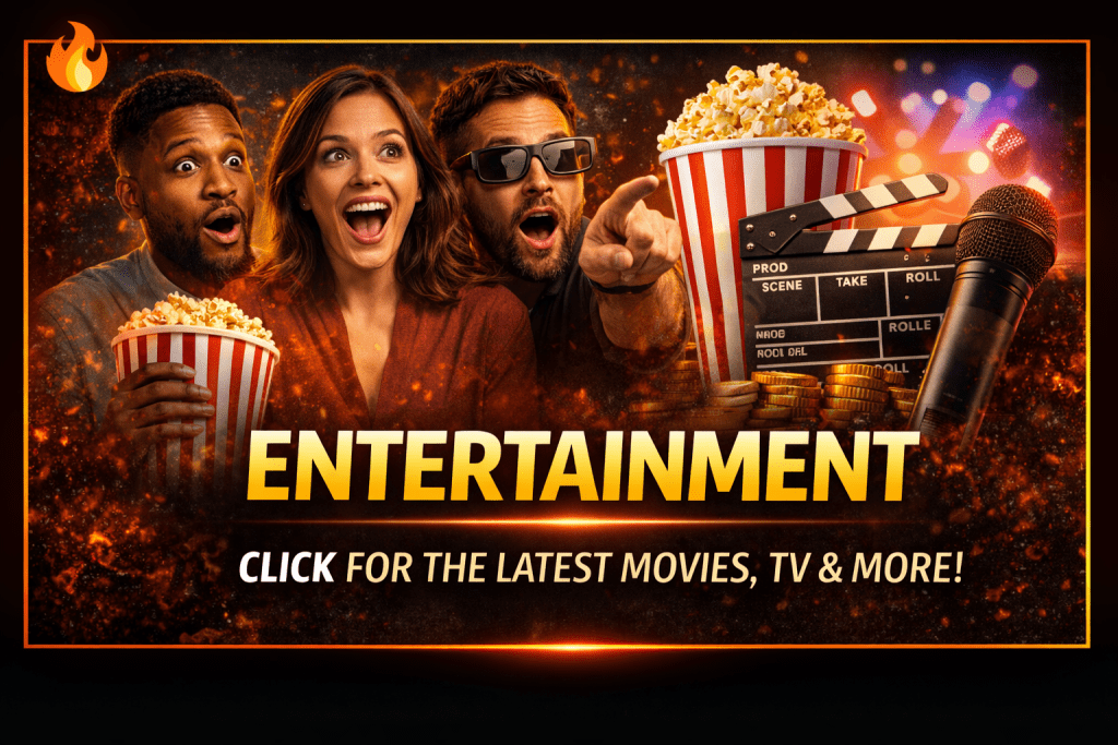 A vibrant promotional image for entertainment featuring three excited people with popcorn, a film clapperboard, and a microphone, highlighting the latest movies and TV shows.
