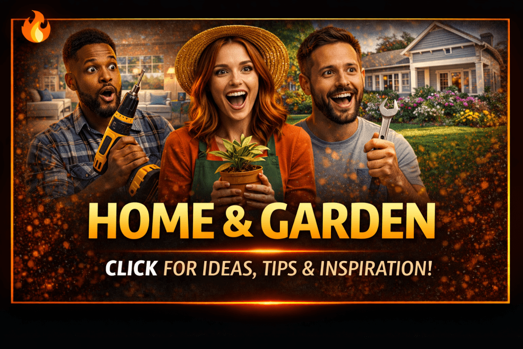 A group of three diverse individuals enthusiastically engaged in home and garden activities, showcasing tools and plants with a welcoming house in the background.