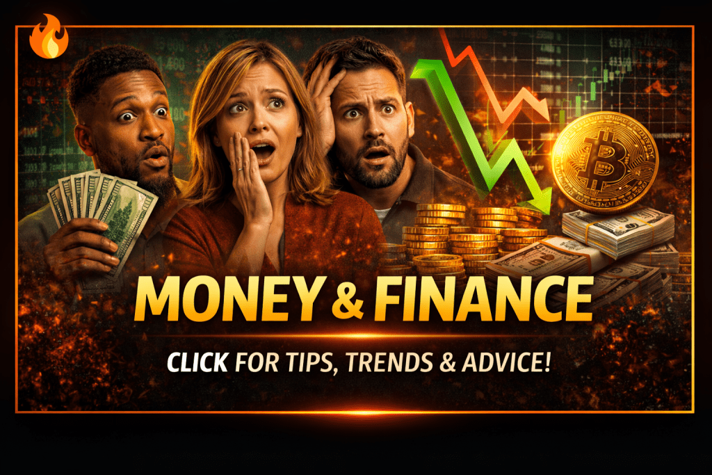 A graphic featuring three people expressing various emotions related to finance, with dollar bills and gold coins in the foreground, along with a Bitcoin symbol and fluctuating financial charts.