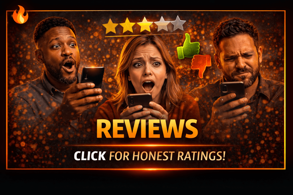 Three people reacting with various expressions while looking at their phones, with a graphic displaying star ratings and thumbs up/down icons. The text says 'REVIEWS' and 'CLICK FOR HONEST RATINGS!'