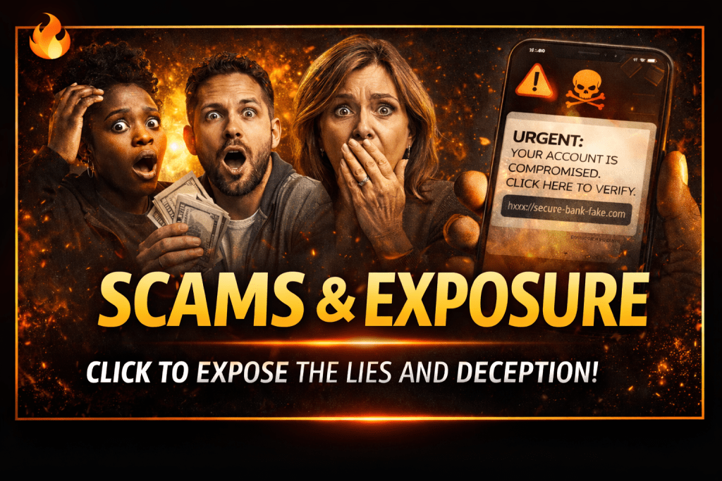 An image depicting three people with shocked expressions, highlighting the theme of scams. One person holds cash, while another looks at a smartphone displaying a warning about a compromised account. The text 'SCAMS & EXPOSURE' is prominently displayed, urging viewers to uncover lies and deception.
