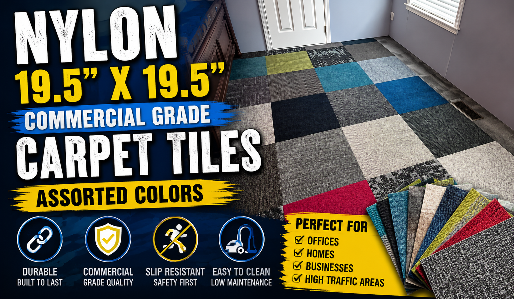 Nylon 19.5″ x 19.5″ Commercial Grade Assorted Carpet Tiles