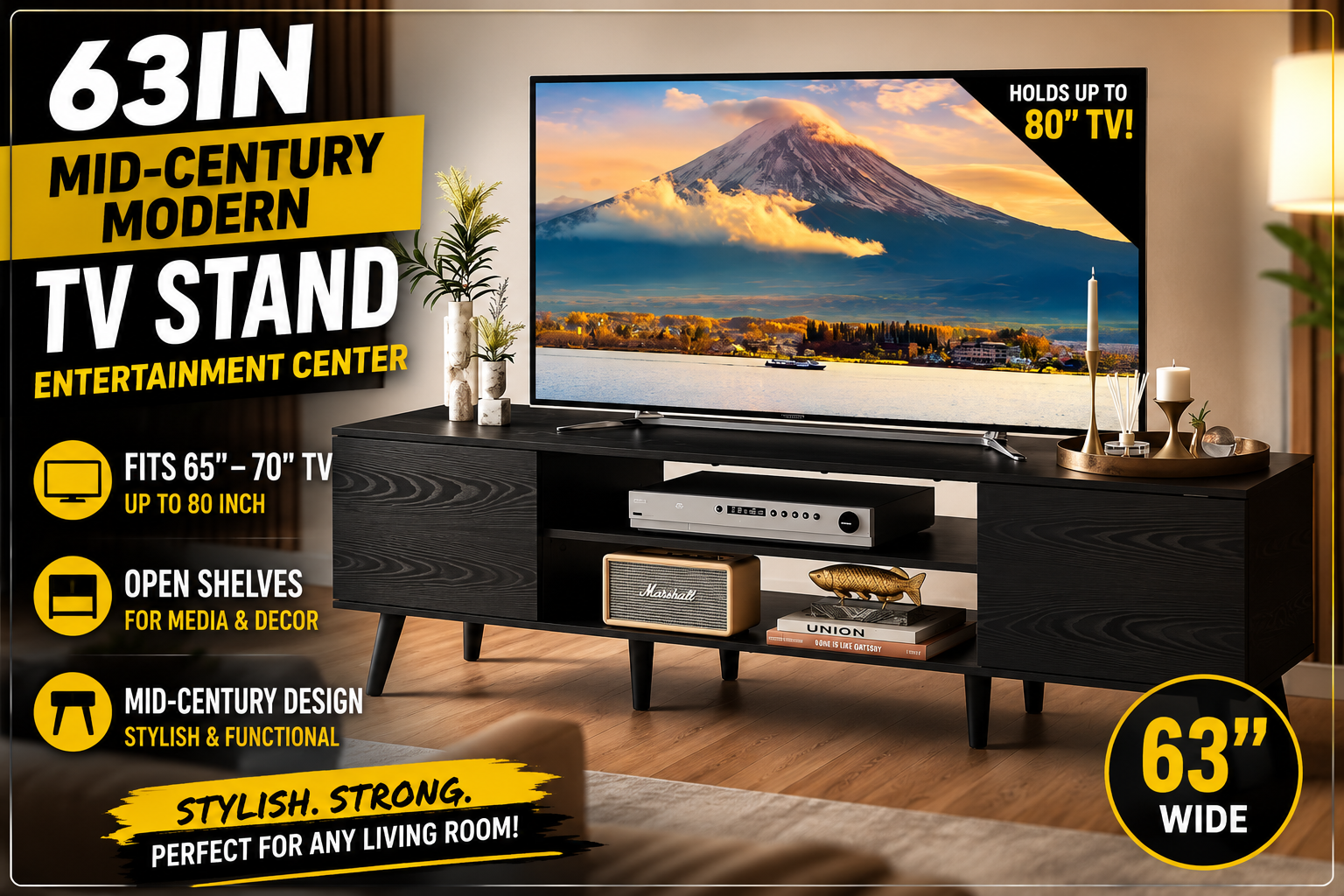 TV Consoles | 63in Mid-Century Modern TV Stand for 65 70 Inch TV, Entertainment Center with Storage